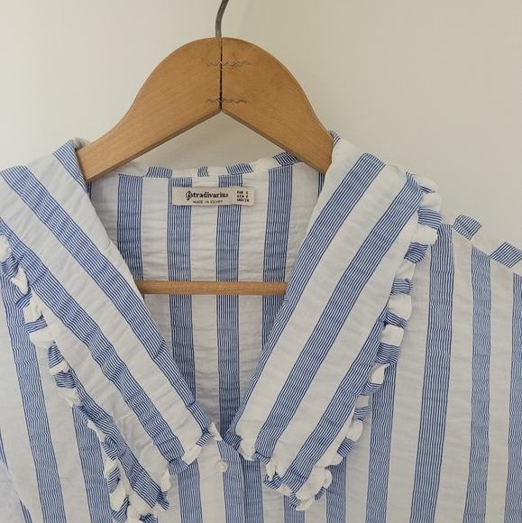 Stradivarius | oversized short sleeve button up blouse with ruffle collar - Picture 8 of 8